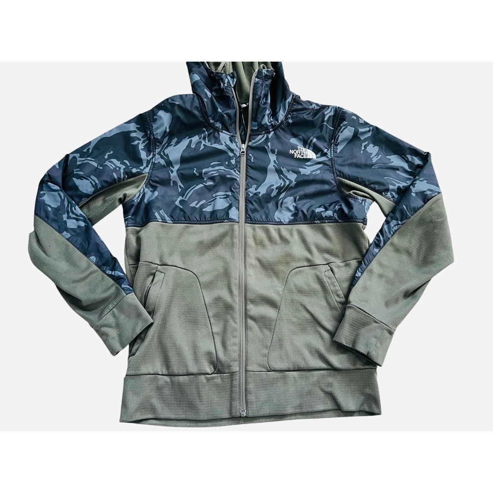The North Face Mens Camo Hybrid Grid Fleece Full Zip Hoodie Green Small